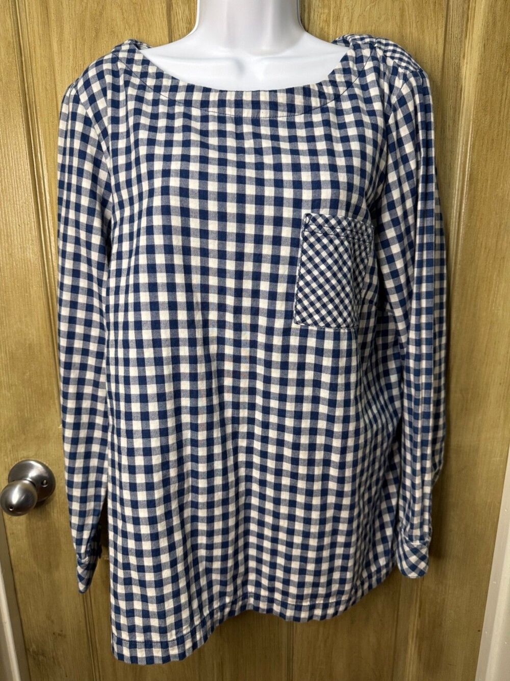J Jill Blouse Blue White Gingham Check Long Sleeve Popover Top Pocket Size L